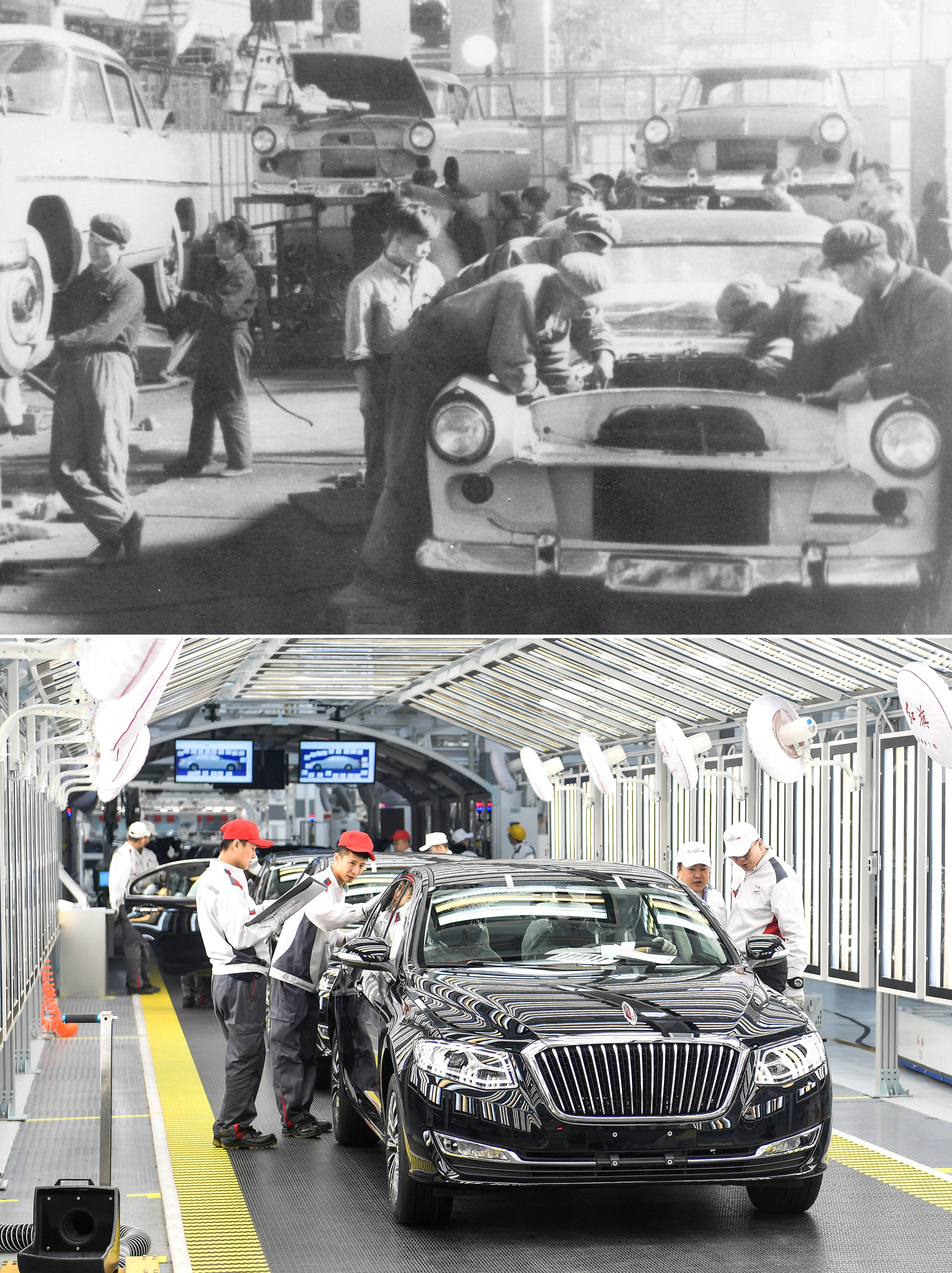 拼版照片：上圖為1958年拍攝的第一汽車制造廠（資料照片）。這里生產(chǎn)了第一批紅旗轎車；下圖為2019年4月9日，在一汽紅旗總裝車間內(nèi)，職工在對生產(chǎn)的紅旗轎車進(jìn)行靜檢作業(yè)。